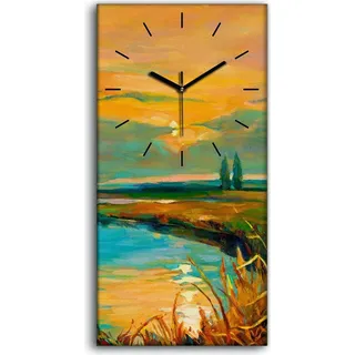 Wanduhr Leinwand Bild Uhr Geräuschlos Kunstdruck 30x60 Sonnenuntergang See - schwarze Hände - Schwarz