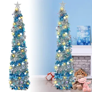 5 Fuß Pop Up Weihnachtsbaum, Kalolary Zusammenklappbarer Weihnachtsbaum Künstlicher Bleistiftbaum Blau Silberner Lametta Weihnachtsbaum mit Dekorationskugeln Ornamente Innendekoration zu Hause Party