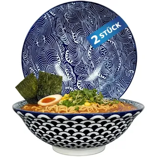 Urban Lifestyle Ramen Schüssel Set 2er Ø 20,5 cm 1000 ml, Japanischer Stil TOKUSA, Große Porzellan Schüssel, Ramen Bowl, Müslischüssel, Salatschüssel, Spülmaschinenfest (Seigaiha)