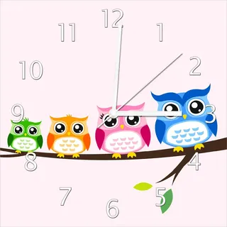 Wallario Design Wanduhr Eulenfamilie auf einem Ast Comic Stil aus Echtglas, Größe 30 x 30 cm - Weiß