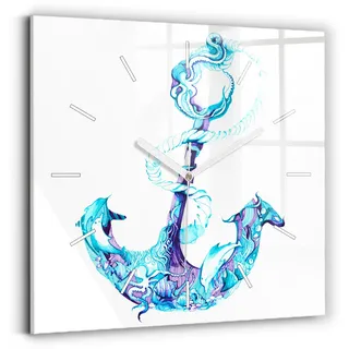 Wallfluent Wanduhr – Stilles Quarzuhrwerk - Uhr Dekoration Wohnzimmer Schlafzimmer Küche - Zifferblatt mit Striche - weiße Zeiger - 30x30 cm - Anker im Meer - Blau