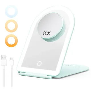BESTOPE PRO Schminkspiegel mit Beleuchtung, LED Faltbarer Kosmetikspiegel 10-Fach Vergrößerung, 3 Dimmbare Farblichter, Wiederaufladbar Ultraschlanker Tischspiegel für Zuhause und Reise, Grün