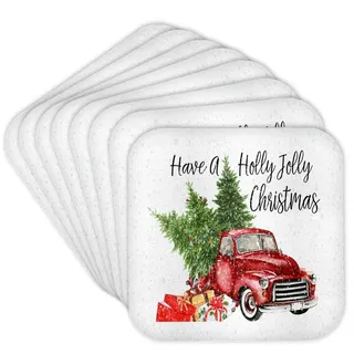3drose CST 263636 2 haben eine Holly Jolly Truck mit Weihnachtsbäume Soft Untersetzer (Set von 8), rot