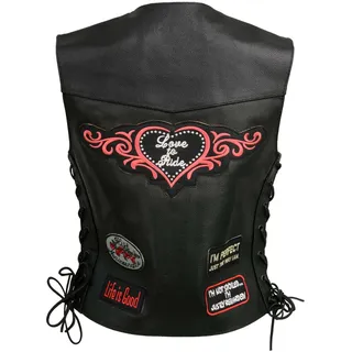 EVENT LEATHER ELL4900 Damen-Lederweste 'Love to Ride'. Motorrad-Patches, gestickt, mit seitlicher Schnürung, Schwarz, Größe XS