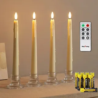 Rhytsing 4er cremefarbene LED Stabkerzen mit Timerfunktion H 24,5 cm, batteriebetriebene Tafelkerzen aus Kunststoff Wachstropf-Design, Batterien und Fernbedienung sind enthalten