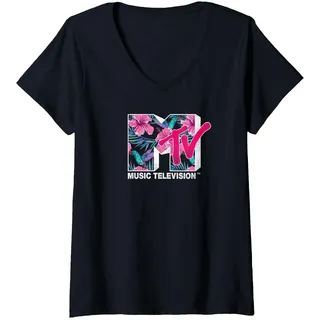 Damen MTV Tropical Hummingbird Pattern Fill MTV Logo T-Shirt mit V-Ausschnitt, Schwarz, L