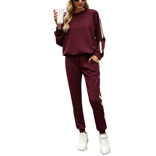 Irevial Damen Irevial Damen Jogginganzug Trainingsanzug Set Freizeitanzug Sportanzug mit Streifen Taschen Fitnessa Sportswear, Weinrot, S EU