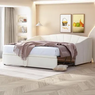Fortuna Lai Polsterbett 90/180x200 cm mit Lattenrosten, Tagesbett Schlafcouch Gästebett Ausziehbar, Samt, Beige - Beige