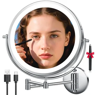 Auxmir 5000mAh Kosmetikspiegel mit Beleuchtung, 10 Zoll Wiederaufladbar Schminkspiegel, 1X/30X Rasierspiegel Wandmontage, Dimmbar Vergrößerungsspiegel mit 3 Lichtfarben, 360° Drehbar für Badezimmer