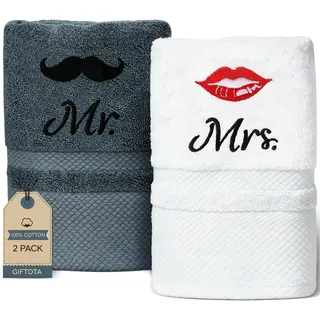 Giftota Hochzeitsgeschenke für Brautpaar - 2 teilig Handtuch Set 100% Baumwolle Bestickt Handtücher 35 x 75 cm - Mr und Mrs Geschenk Hochzeit, Paar Geschenke