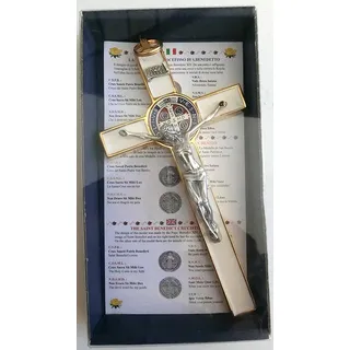 GTBITALY Weißes Kreuz mit Behälter Box Gift Saint Benedict Exorzismus 20 cm emailliert Wandkreuz