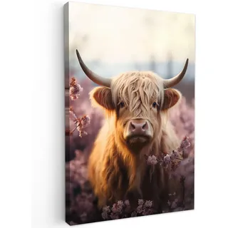 MuchoWow Leinwandbild Schottischer Hochländer - Frühling - Hochland Deko XXL 80x120 cm , Hellrosa , Textil , Kiefer , Abstrakt , Rechteckig , 80x120 cm , FSC 100% , gerahmt , Bilder & Rahmen, Bilder, Leinwandbilder