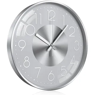 TOKTEKK Wanduhr Ohne Tickgeräusche Lautlos Modern wanduhren 12 Zoll Rund Geräuschlos Küchenuhr Aluminium Wanduhr Für Wohnzimmer Küche Schlafzimmer Und Büro(Silberne und weiße Ziffern)
