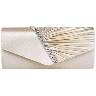 AiSi Damen Satin Clutch Strass Abendtasche mit Kette mini Handtasche für Hochzeit (Beige)