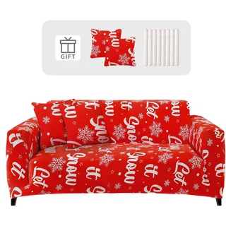 Lydevo Sofabezug Weihnachten 2 Sitzer Stretch Sofahusse Elastischer Sofabezug Weihnachtsmann Sofa Überzug mit 2 Kissenbezug Anti-Rutsch Xmas Sofa Protection Cover,Xmas Schneeflocken