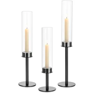 Staymoment Kerzenständer Glas Stabkerzenhalter Schwarz: 3er Set Kerzenhalter für Stabkerzen Windlicht Kerzenleuchter Modern Glaszylinder Deko Wohnzimmer Weihnachten Tischdeko