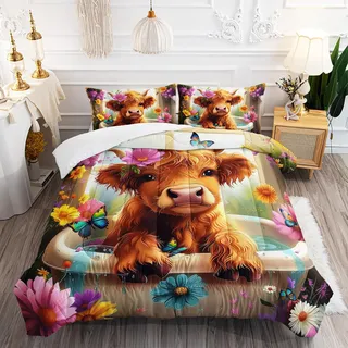 XYNHML Kawaii Wildlife Bauernhaus Kuh Bettdecke 3 Stücke Twin Western Lustige Tiere Hochland Kuh Bettwäsche Set für Kind Teen Mädchen Junge Schmetterling Blume Vieh Quilt Bett Dekor mit 1 Bettdecke