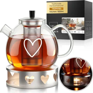 ElbFuchs® Teekanne Glas 1,5 Liter mit Herz, Siebeinsatz und Stövchen - Borosilikatglas - Glaskanne mit Edelstahl-Filter, tropffrei - Teezubereiter für losen Tee, Kräutertee und Teeblumen
