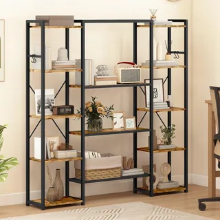 DWVO Hohes breites Bücherregal, industrielles mit 13 Regalböden, bodenstehendes Regal, Holzregal und Metall, Präsentationsregal für Wohnzimmer, Heimbüro, Rustikales Braun