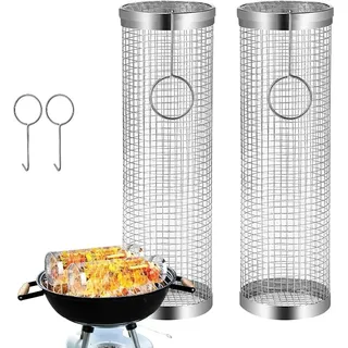 2er Set Zylindrischer Grillkorb Rund aus Edelstahl mit 1x Haken | Rollendes Grillkorb für Gasgrill, Elektro- und Holzkohle-Grill | 30 x 9 cm Grillnetzrohr für Gemüse, Pilze Meeresfrüchte, Grillgemüse - Silber