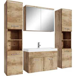 Badplaats Badmöbel Komplettset Paso XL LED 80 x 40 cm Kastanien Eiche - Badezimmermöbel mit Waschbecken, Spiegelschrank und 2 Badezimmerschränke