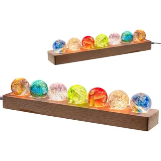 FIYSON 3D Kristallkugel Nachtlicht,USB 40mm Glas Kugel,7 Stück farbige Astronomie Sternenhimmel LED Ball Lampe,Mit Holzsockel,für Weihnachten/Geburtstag Astronomie Geschenk (Stil 1)