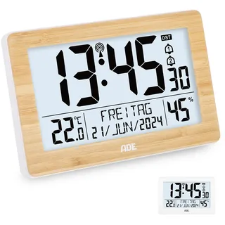 ADE Digitale XL-Funkuhr mit sehr großen Ziffern | Tischuhr mit 2 Weckzeiten und Beleuchtung | Thermometer Hygrometer | schmaler Rahmen aus echtem Bambus