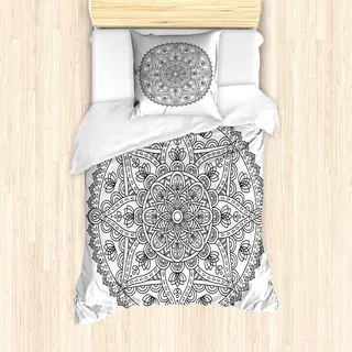 ABAKUHAUS Lotus Mantele, Rund Boho Motiv-Entwurf, Milbensicher Allergiker geeignet mit Kissenbezügen, 135 cm x 200 cm - 80 x 80 cm, Grau weiß