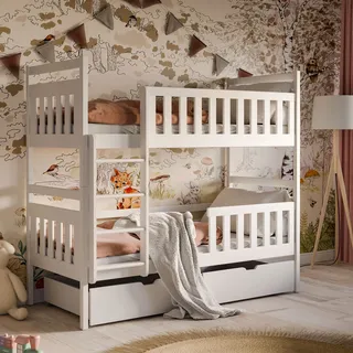 Hochbett 80x180 cm mit 2 Schubladen Etagenbett mit Rausfallschutz und Lattenrost, umbaubar in zwei Kinderbetten, aus Vollholz massiv in weiß - Weiß