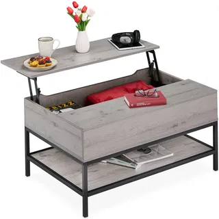 Relaxdays Couchtisch aufklappbar, mit Ablage, Wohnzimmertisch mit Stauraum, Holzoptik, HBT: 45,5x90x60 cm, grau/schwarz