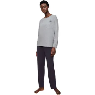 Schlafanzug TRIUMPH, Damen, Gr. 40, grau (dunkelgrau), Single Jersey, Obermaterial: 100% Baumwolle, bestickt, unifarben, bequem lang, Rundhals, Homewear-Sets Schlafanzug, Blumenstickerei, Brusttasche, Rundhalsausschnitt, Langarm