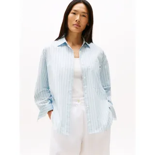 Shirtbluse TOMMY HILFIGER "ESS POPLIN NEW EASY SHIRT", Damen, Gr. 42, blau (texturot thin stp, breezy blau), Web, Obermaterial: 100% Baumwolle, gestreift, regular fit, Blusen Shirtbluse