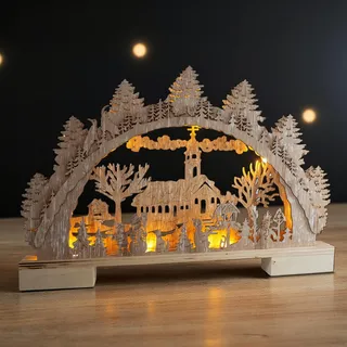 Holz Schwibbogen Winterdorf mit 10 LED in warm weiß beleuchtet - 40 cm - Weihnachts Lichterbogen 40 x 27 cm mit Beleuchtung Batterie betrieben