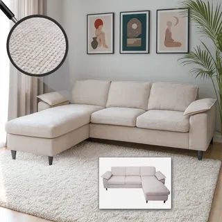 Mendler Sofa-Garnitur HWC-O71, Couch Ecksofa L-Form, Liegefläche links/rechts, Stoff (320 g/m2) Holz 84x229x140cm - beige