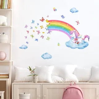 Runtoo Wandtattoo Regenbogen Einhorn Wandsticker Schmetterling Wandaufkleber Kinderzimmer Babyzimmer Mädchen Junge Wanddeko