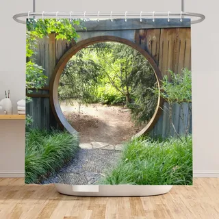 SDOTPMT 180x180cm Garten Kulisse Duschvorhang Grün Botanik Blätter Natürlich Dorf Badvorhang Rund Hölzern Tür Bauernhaus Weinlese Dusche Vorhang für Badezimmer Polyester mit Haken