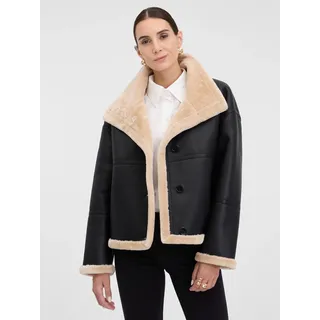 Orsay Schwarze Damen-Kunstlederjacke mit Pelzbesatz 40