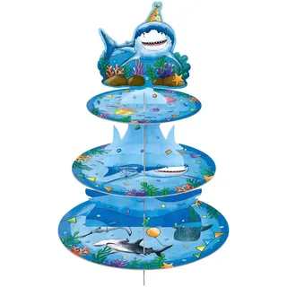 WERNNSAI Hai Tortenständer Hai Geburtstag Party Dekorationen für Jungen Kinder 3-Stöckiger Papp Kuchenständer Dessertturm Rundung Serviertablett Stand Dusche Cupcake Ständer