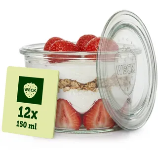 Weck Gläser 150ml – 12er Set mit Deckeln – Sturzform – robuste, stapelbare Dessertgläser, Einkoch- & Einmachgläser – klein – Weckglas ideal für Nachtisch