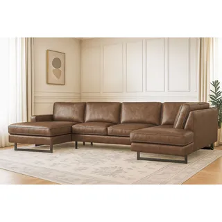 Home Affaire Wohnlandschaft »Pinto, 350 cm, U-Form, XXL, mit Ottomanen« Cord, Chenille, Lederoptik, mit Keder, Metallfüße, Wellenunterfederung braun