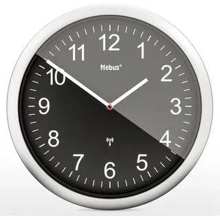 Mebus Funk-Wanduhr, 26 cm, lautlos, gut lesbar, silberner Rahmen, schwarzes Zifferblatt, Modell 19812 - Deutlich und leise, Schwarz - Schwarz, Silber