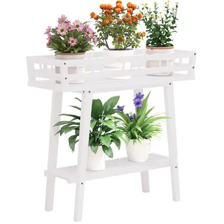 unho Blumenregal mit 2 Ablagen: Blumenständer Blumentreppe Blumentopfständer Holz, Pflanzenregal weiß