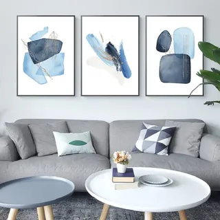 TROYSINC 3er Set Abstract Poster, Blau Geometrie Form Bilder, Ohne Rahmen Wandkunst Leinwand Poster, Morden Wandbilder für Wohnzimmer Schlafzimmer (30 x 40 cm)