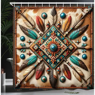 ABAKUHAUS Rustikal Duschvorhang, Ethnisches südwestliches Federn Diagonalsquare Ornament, Stoffliches Gewebe Badezimmerdekorationsset mit Haken, 175 x 200 cm, Türkis Kakao Rotbraun
