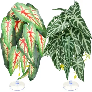 QUOZUO 2 Pack Reptilienpflanzen für Terrarium, künstliche Blätter Lebensraum Dekorationen mit Saugnäpfen, Terrarium hängende Reben Pflanzen für Bartagamen, Eidechsen, Schlange Geckos Frösche