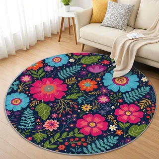AevuCub Bunte Blumen Teppich Rund 100cm Kurzflor - Waschbare Teppiche Wohnzimmer Ethno Muster Botanische Blumenmuster - Runder Teppich 100cm Durchmesser Kinderzimmer - rutschfest Weich