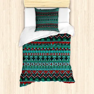 ABAKUHAUS Stammes Mantele, Hand Drawn Aztec, Milbensicher Allergiker geeignet mit Kissenbezügen, 135 cm x 200 cm - 80 x 80 cm, Rot Blau Teal - Blau