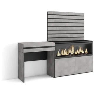Skraut Home | Schminktisch | Frisiertisch mit Stauraum | 177x145x35 cm | mit Schublade | Elektrokamin XXL | Lamellenwand Holz | Moderner Stil | Zement