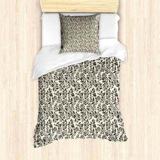 ABAKUHAUS Blätter Mantele, Abstrakt Natur wirbelt, Milbensicher Allergiker geeignet mit Kissenbezügen, 135 cm x 200 cm - 80 x 80 cm, Creme Dunkel Taupe