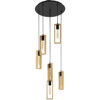 EGLO Pendellampe Littleton, 6 flammige Vintage Pendelleuchte im Industrial Design, Retro Hängelampe aus Stahl und Holz, Farbe Schwarz, braun, Fassung E27, FSC zertifiziert